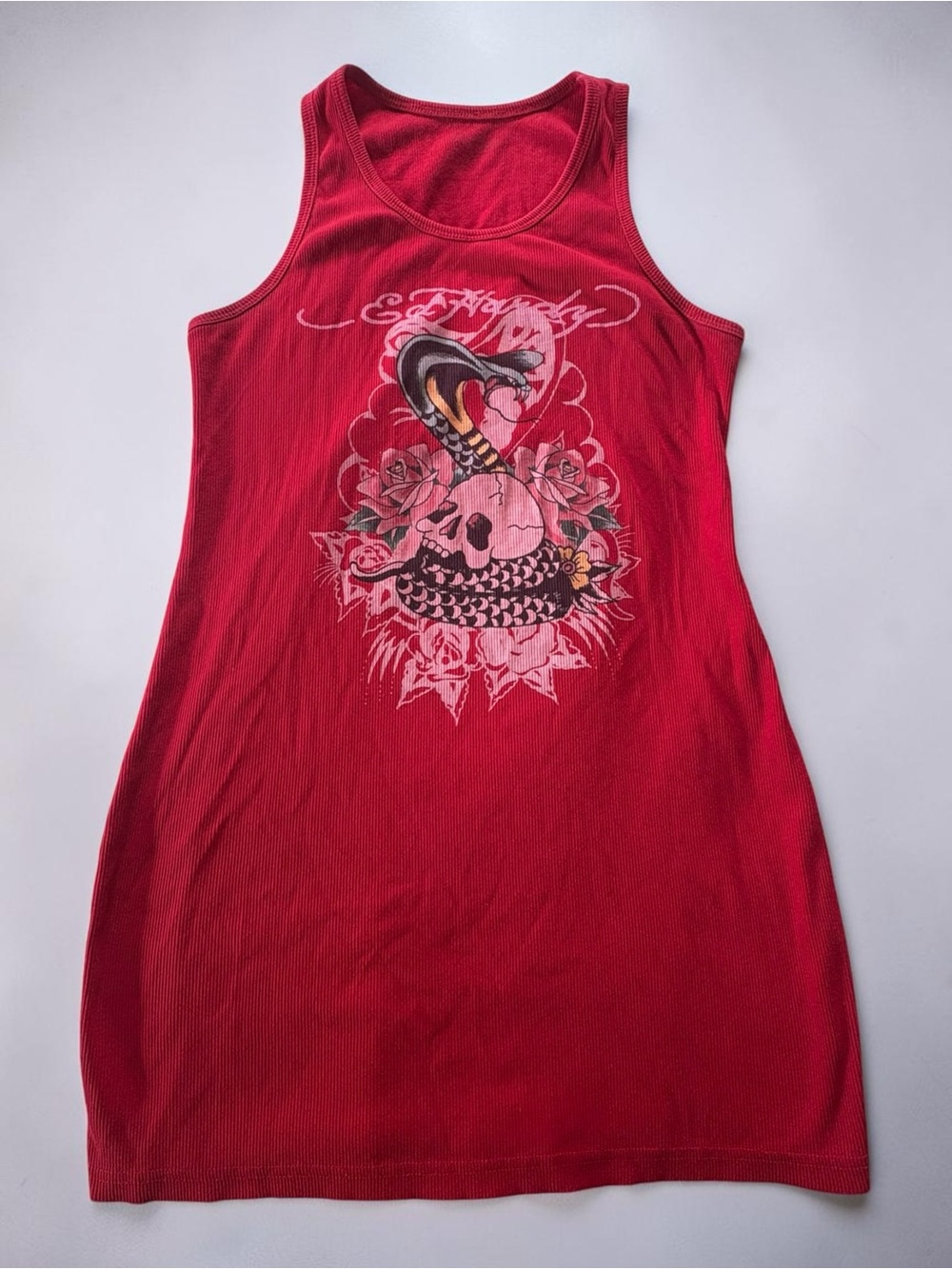 Y2K Ed Hardy Tank Dress Large Red Cobra Skull Rose Grunge Tattoo Art Indiesleaze